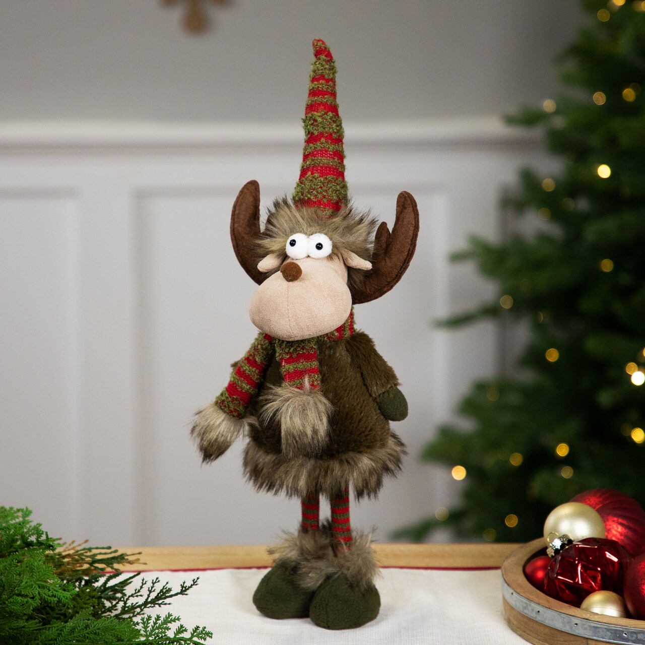 Northlight Standing Plush Moose with Striped Legs Christmas Figure - 18" - Green and Red